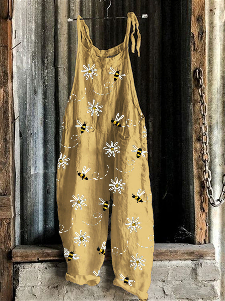 Vintage Sweet Print Loose Suspender Pants for Women