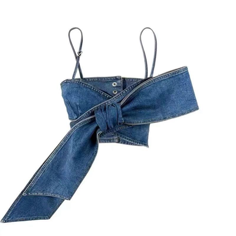 Sexy Bow Tie Denim Crop Top & Ultra Short Set
