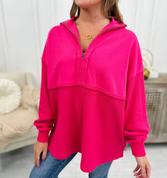 Women's Cozy Zip Patchwork Casual Pullover Sweater