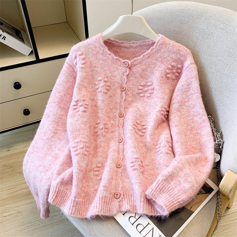 Womens Crew-neck Sweater Coat Loose-fitting Outerwear Knitted Cardigan