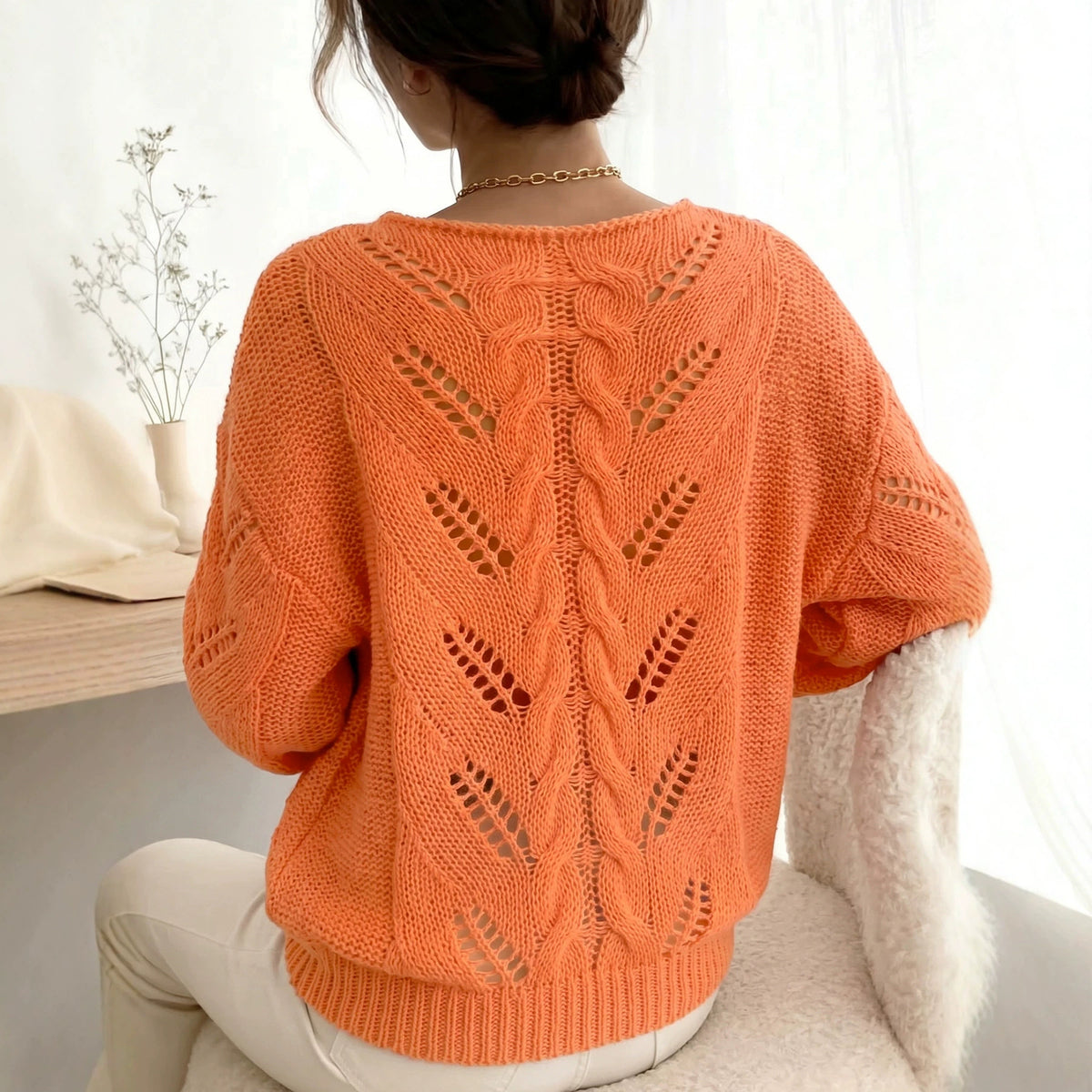 Autumnwinter Lazy-style Knit Sweater with Hollow-out Cable-knit Top