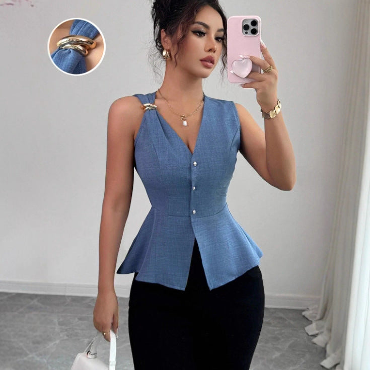 Minimalist Metal-button Design V-neck Sleeveless Waist-cinching Slim-fit Shirt