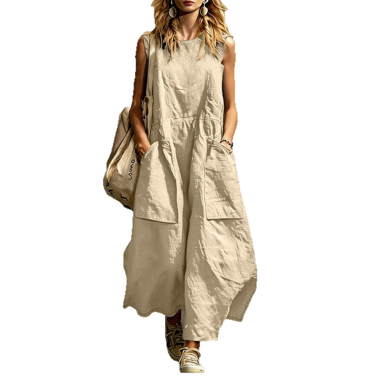 Washed-Crepe V-Neck Sleeveless Pocket Maxi Dress