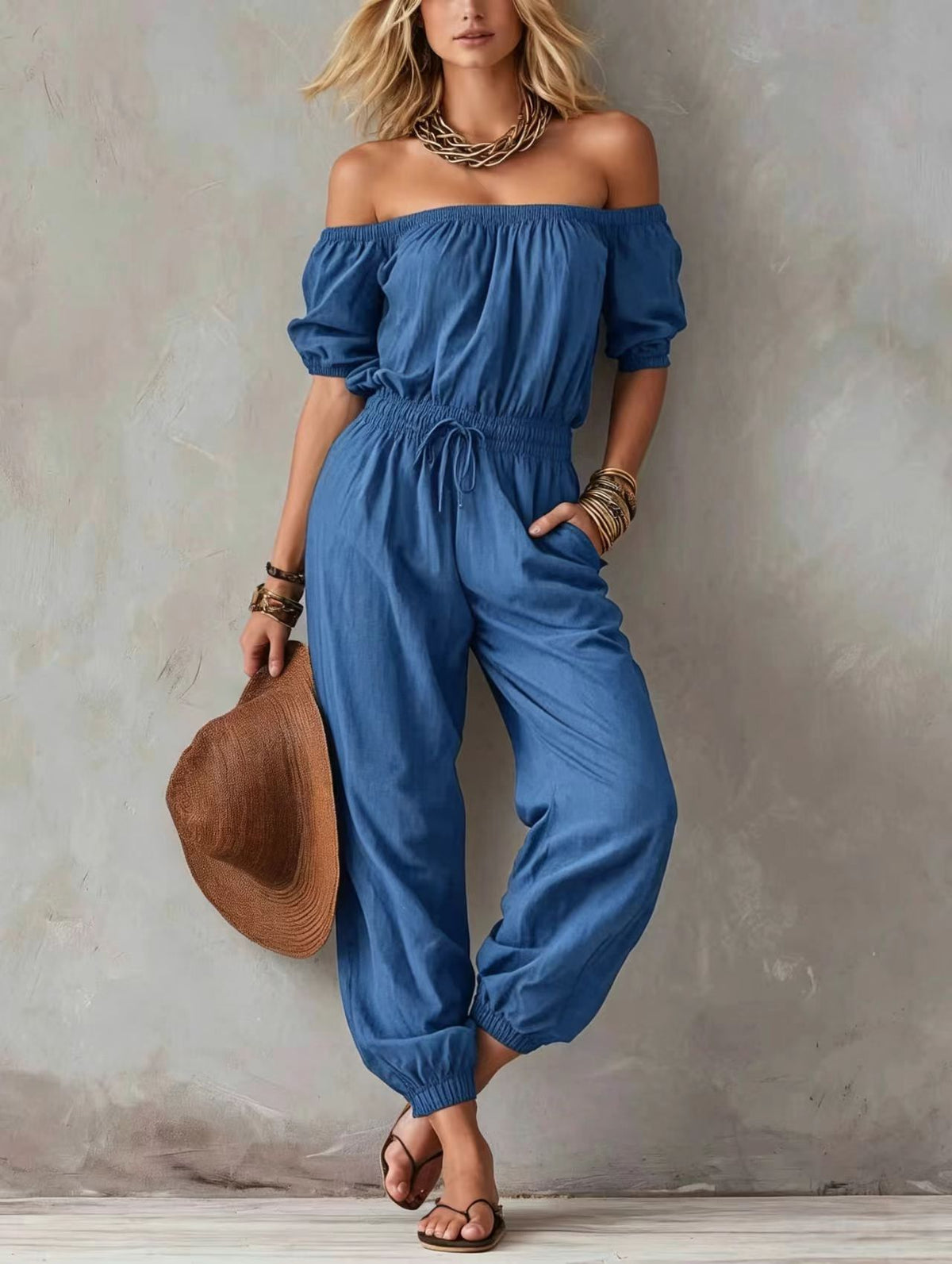 Off-shoulder Waist-cinching Lace-up Relaxed-fit Casual Jumpsuit