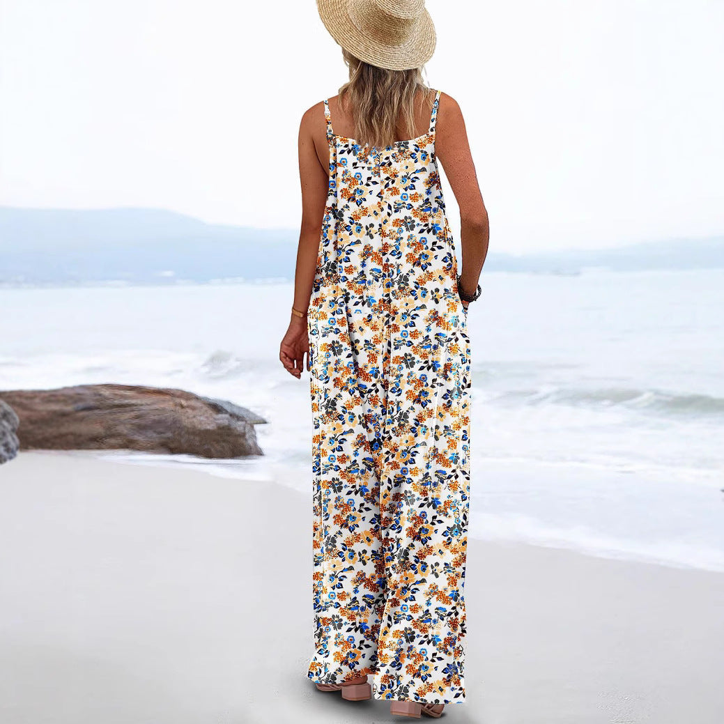 Floral Print Adjustable Strap Casual Suspender Jumpsuit