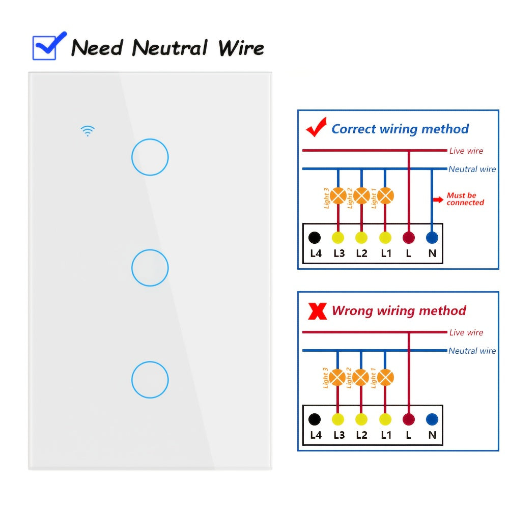 Premium Scratch‑Resistant Glass Smart Wall Switch – WiFi & Bluetooth Touch Screen, Voice Control, 1‑4 Gang, 600 W per Gang, Neutral Required