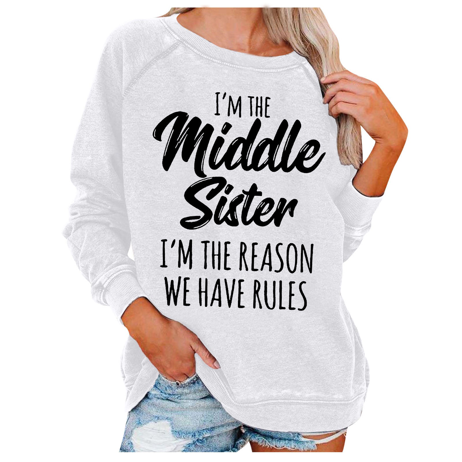 Middle Sister Print Casual Round Neck Pullover Sweater