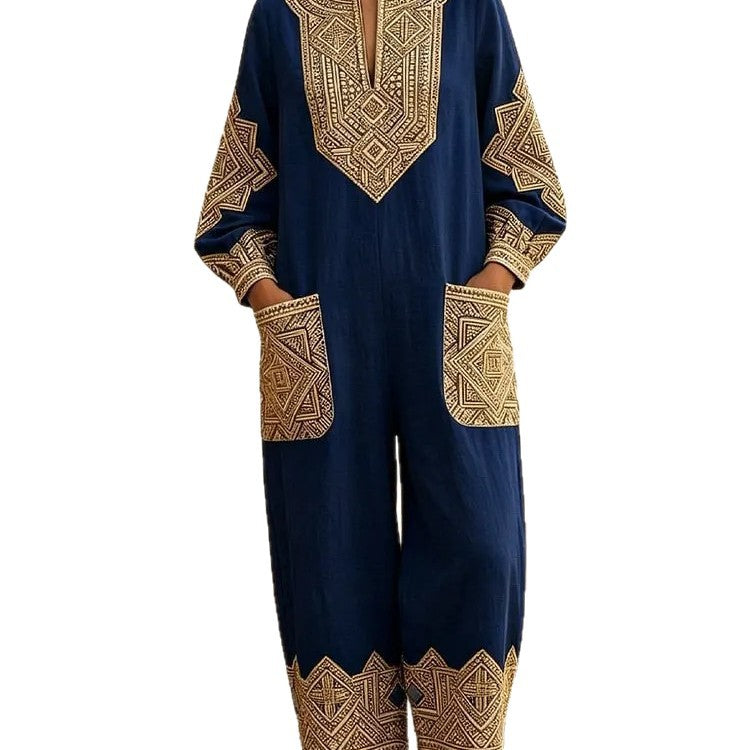 Chic Printed V-Neck Long-Sleeve Casual Jumpsuit