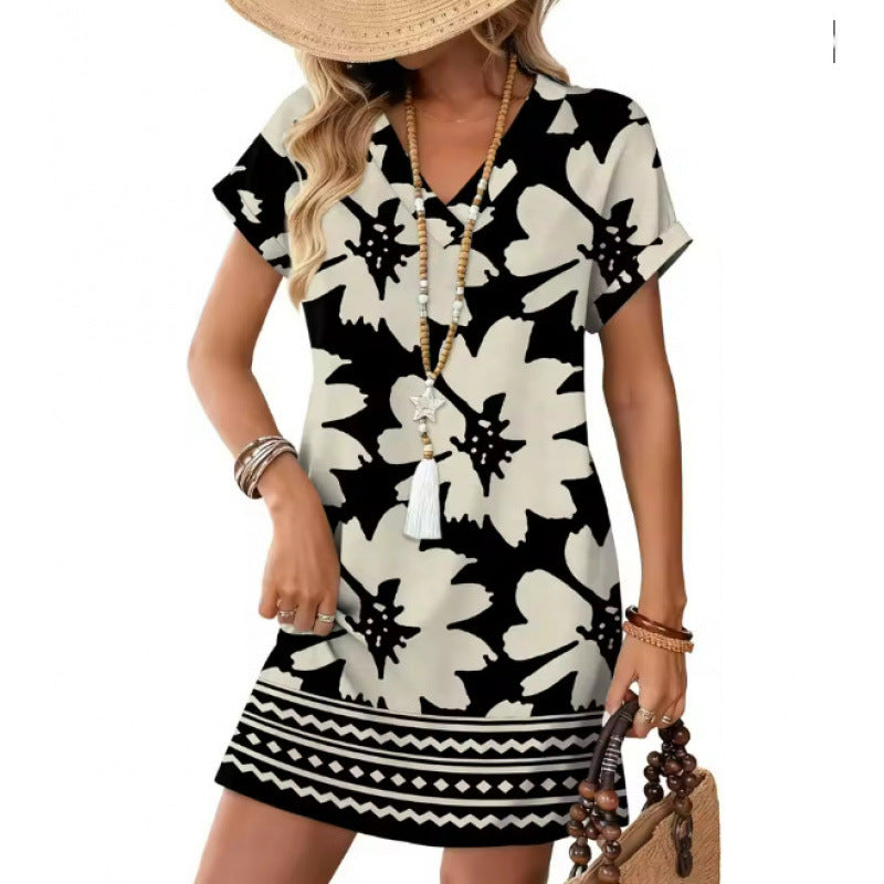 European and American-style Fashionable Printed Loose-fit V-neck Short-sleeve Dress
