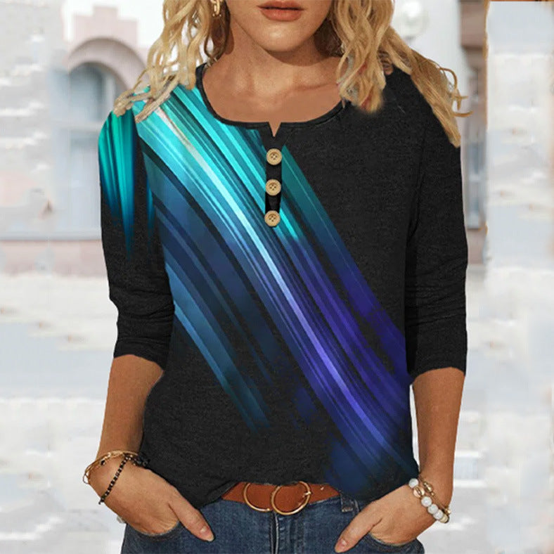 Retro Floral U-Neck Button Long Sleeve Top