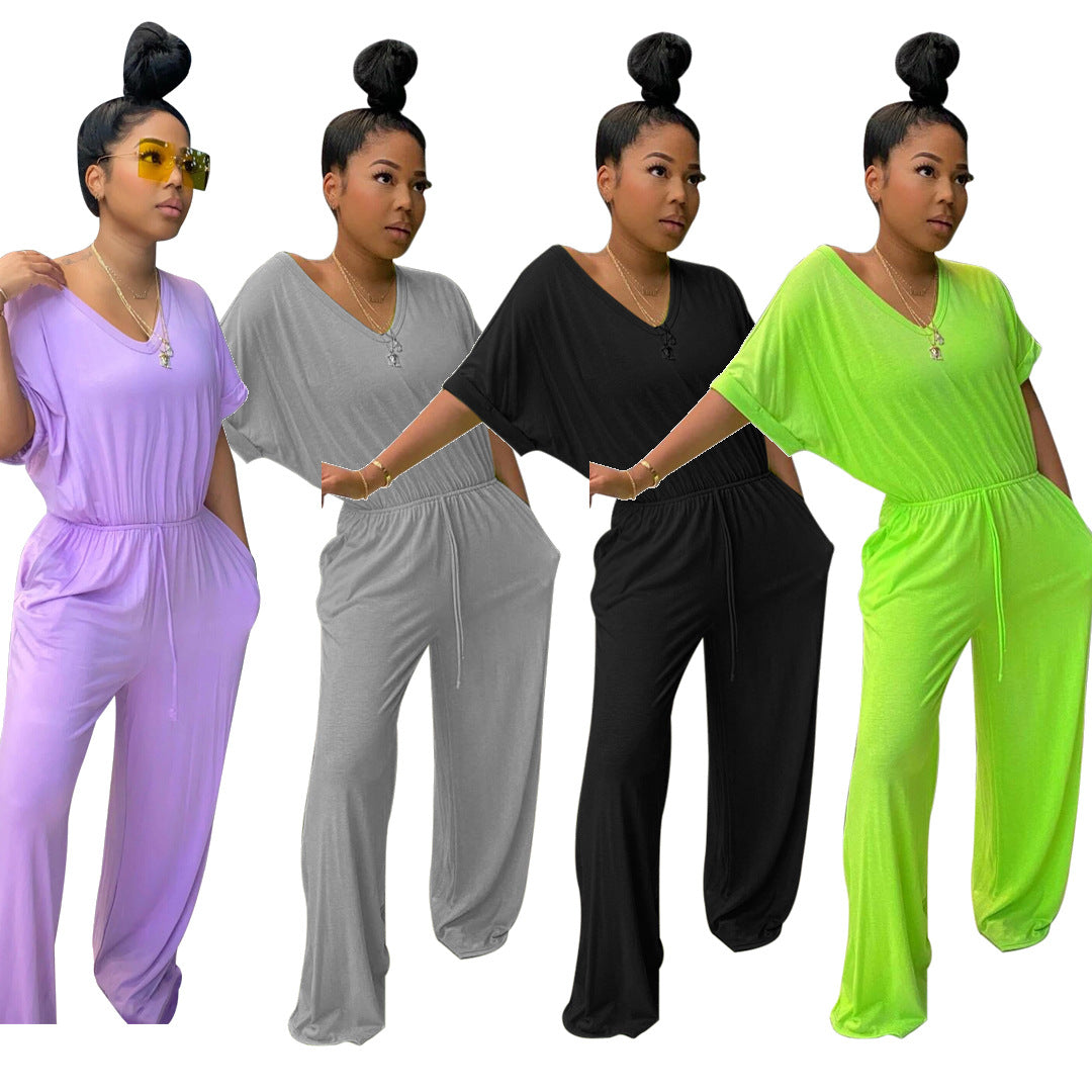 Women's Casual V-Neck Loose Solid Color Jumpsuit