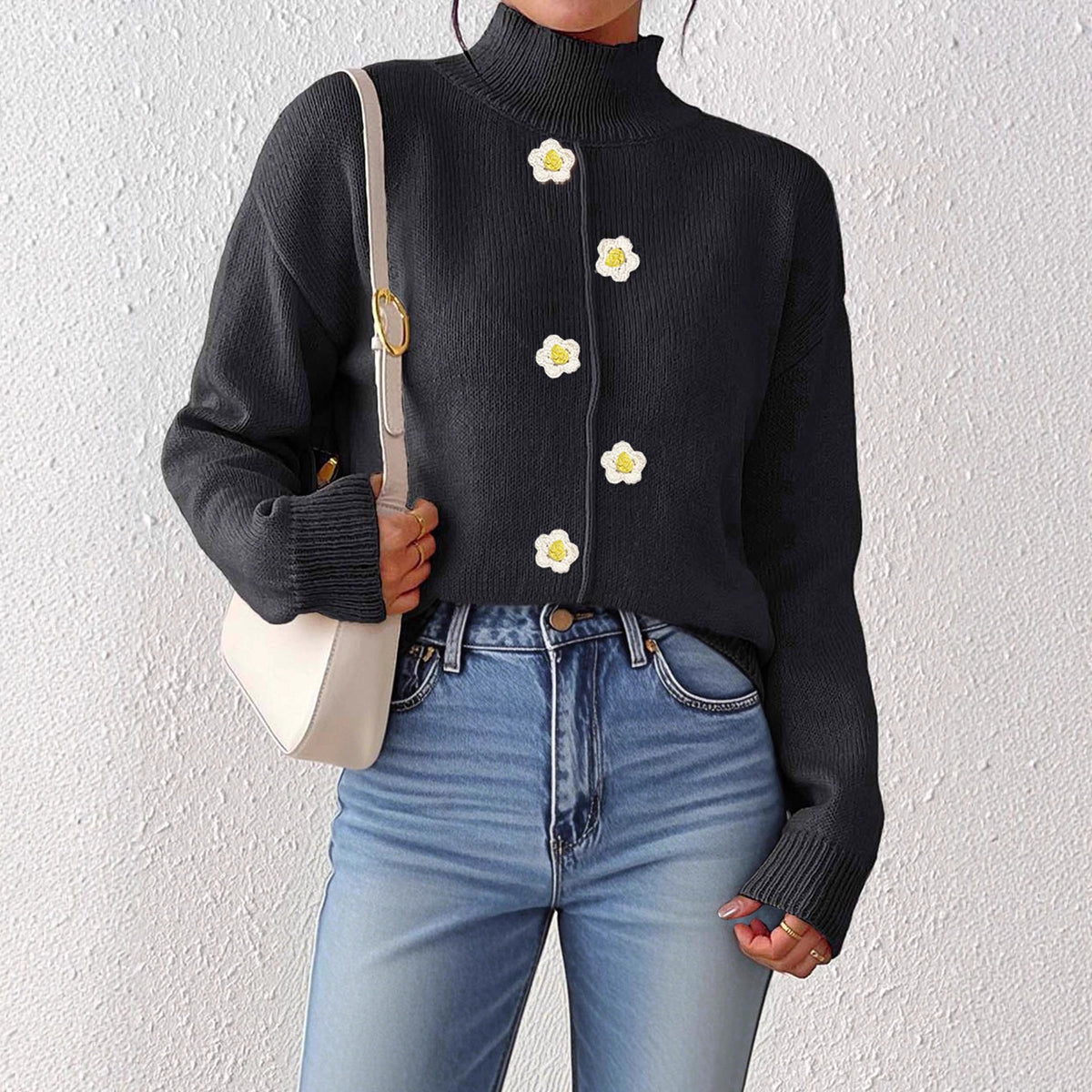 Womens Three-dimensional Hand-crocheted Floral Half-neck Pullover Sweater
