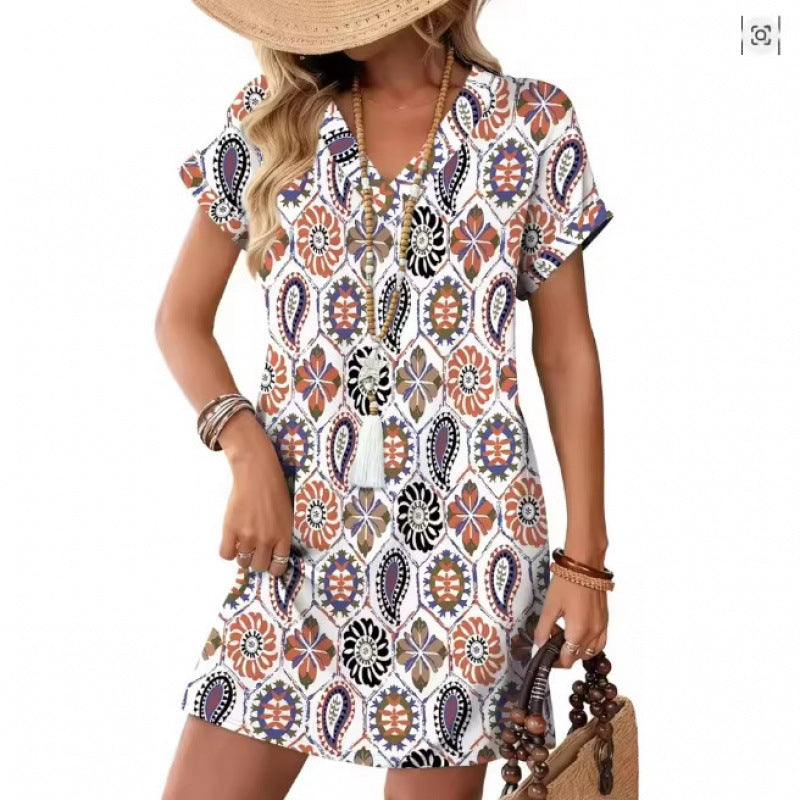 European and American-style Fashionable Printed Loose-fit V-neck Short-sleeve Dress