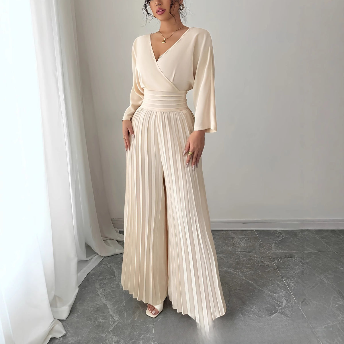 Elegant V-Neck High-Waist Pleated Jumpsuit