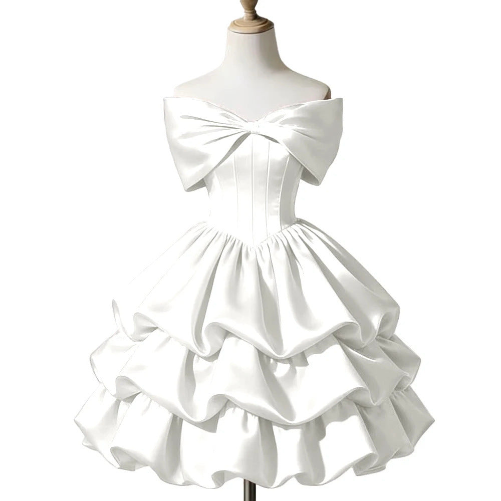 One-shoulder Satin Puff Skirt with a Bow Short-length Waist-cinching Designperfect for Everyday Wear