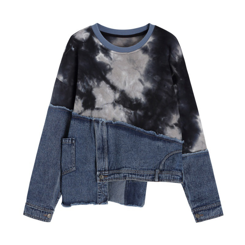 Tie-Dye Denim Stitching Loose Long-Sleeve Sweater