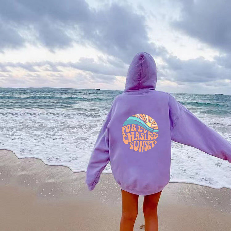 Sunset Print Fleece-Lined Kangaroo Pocket Hoodie