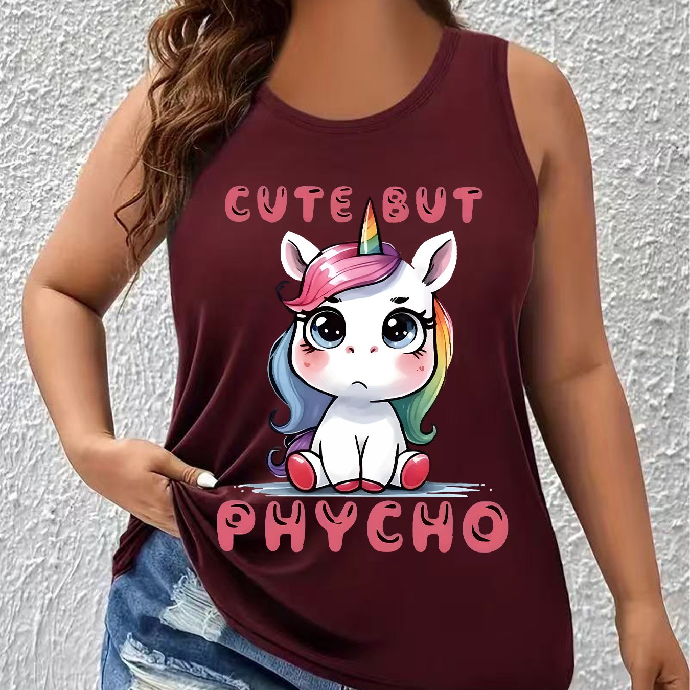 Plus Size Women's Unicorn Print Tank Top – Round Neck, All‑Season