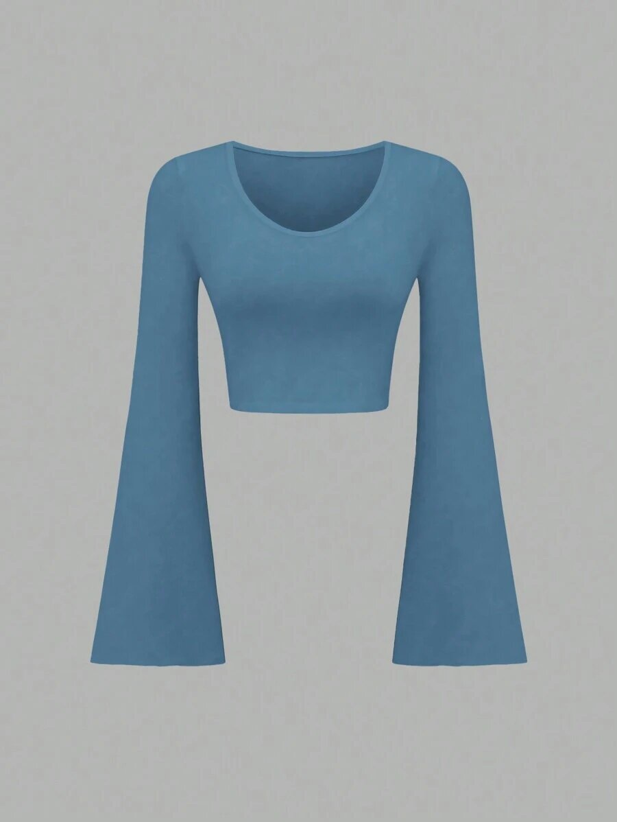 Slim-Fit Scoop Neck Bell Sleeve Crop Top