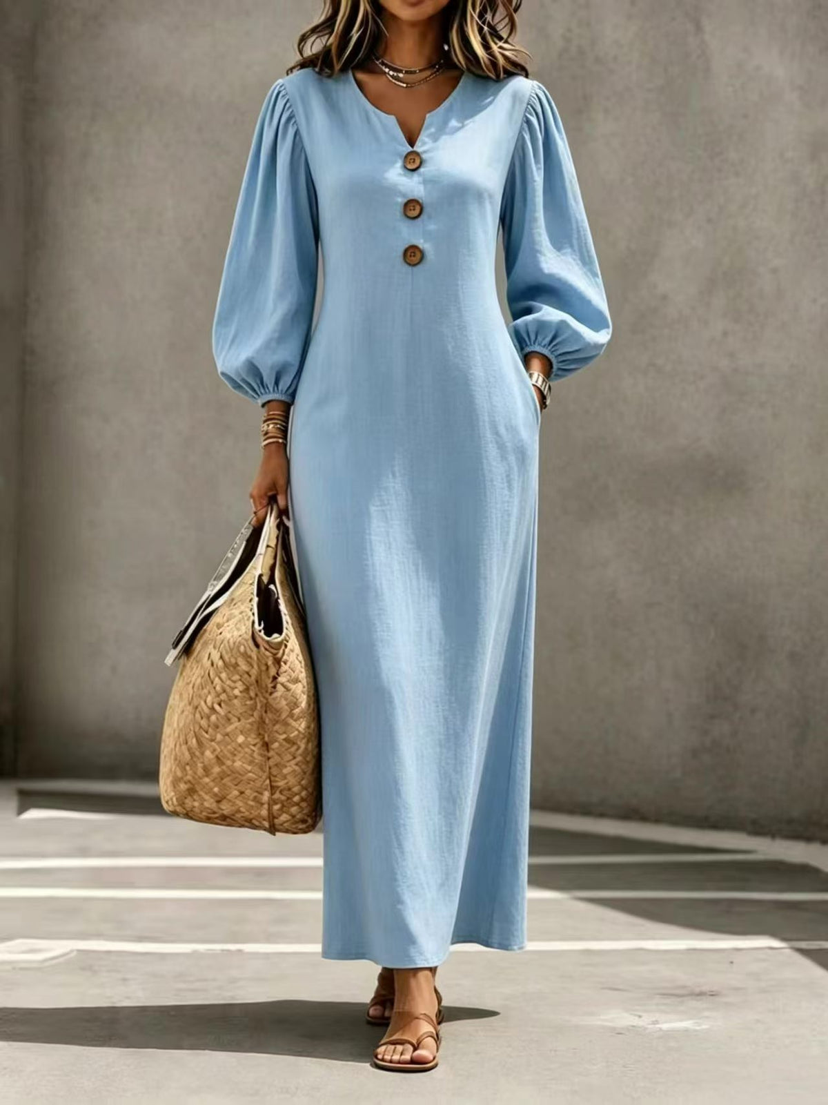 V-Neck Button Puff Sleeve Casual Long Dress