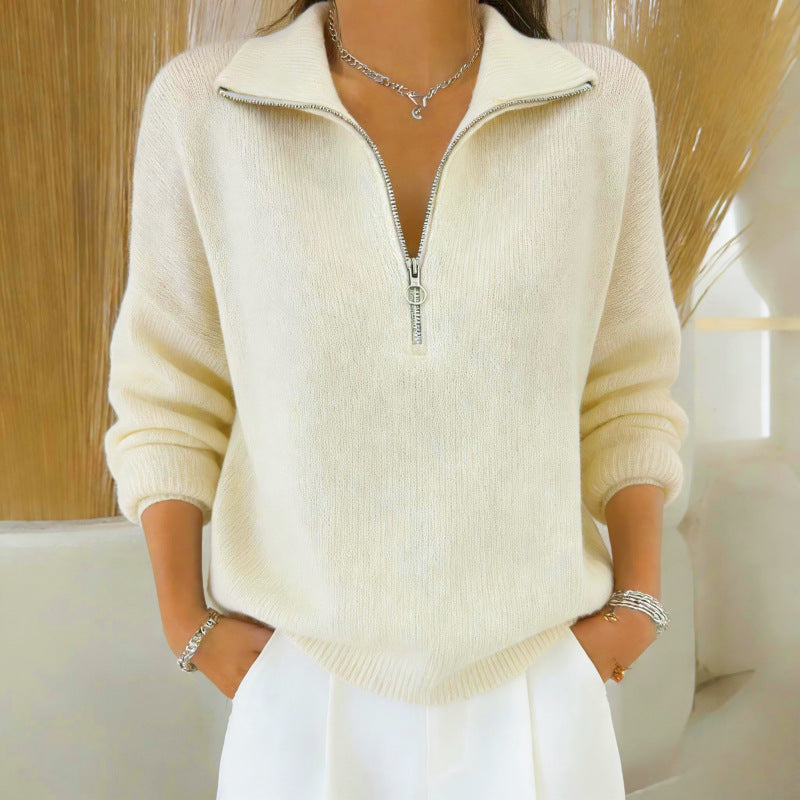 Womens Slimming Casual Fashionable, Versatile Knitted Sweater with a Zippered Lapel