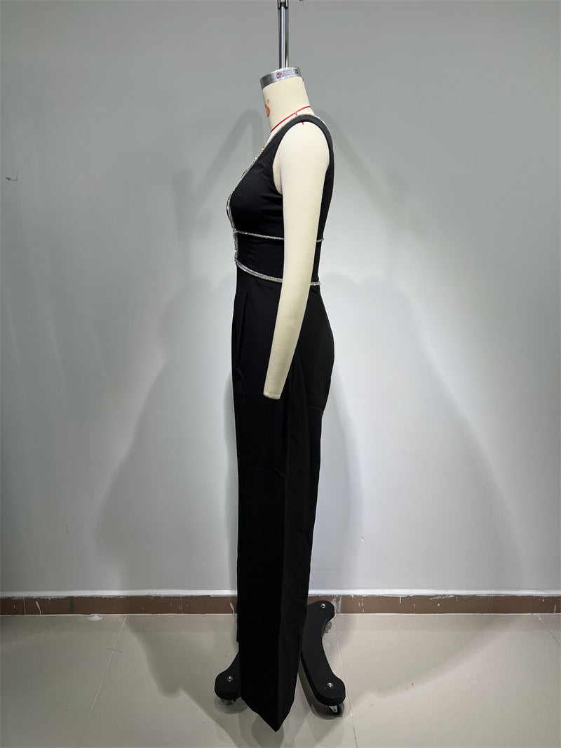 Rhinestone Edge-covered Sexy Low-cut Suit Jumpsuit