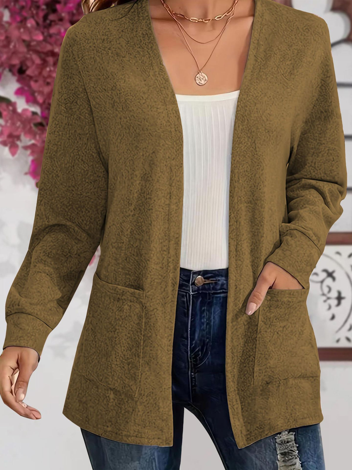 Womens Versatile Solid-color Pocketed Loose-fitting Lightweight Cardigan