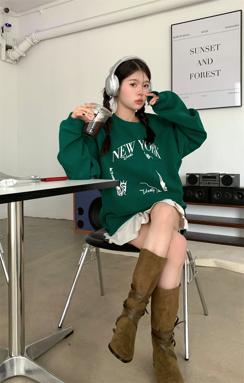 Printed Sweater Early Autumn New Retro Loose All-matching Slimming Top Women's Fashion