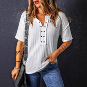 Loose V-Neck Short Sleeve Shirt – Textured White Casual Top