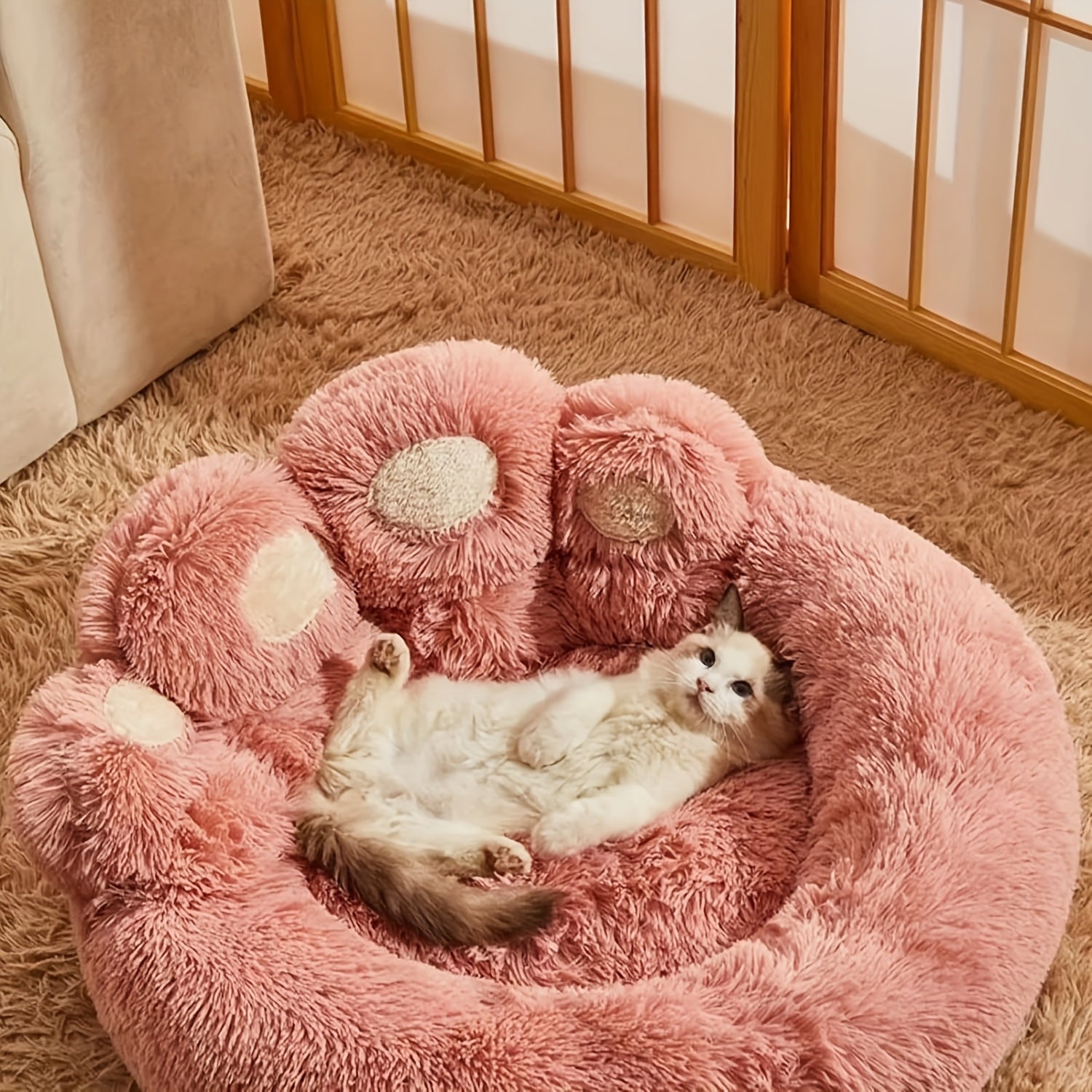 Cute Bear Paw Shaped Dog Bed And Cat Bed, Calm Donut Dog Bed, Warm And Comfortable Soft Dog Round Bed, Plush Dog And Cat Mattress Bed. Give Your Baby A Warm And Comfortable Mattress! with A Pet Scarf