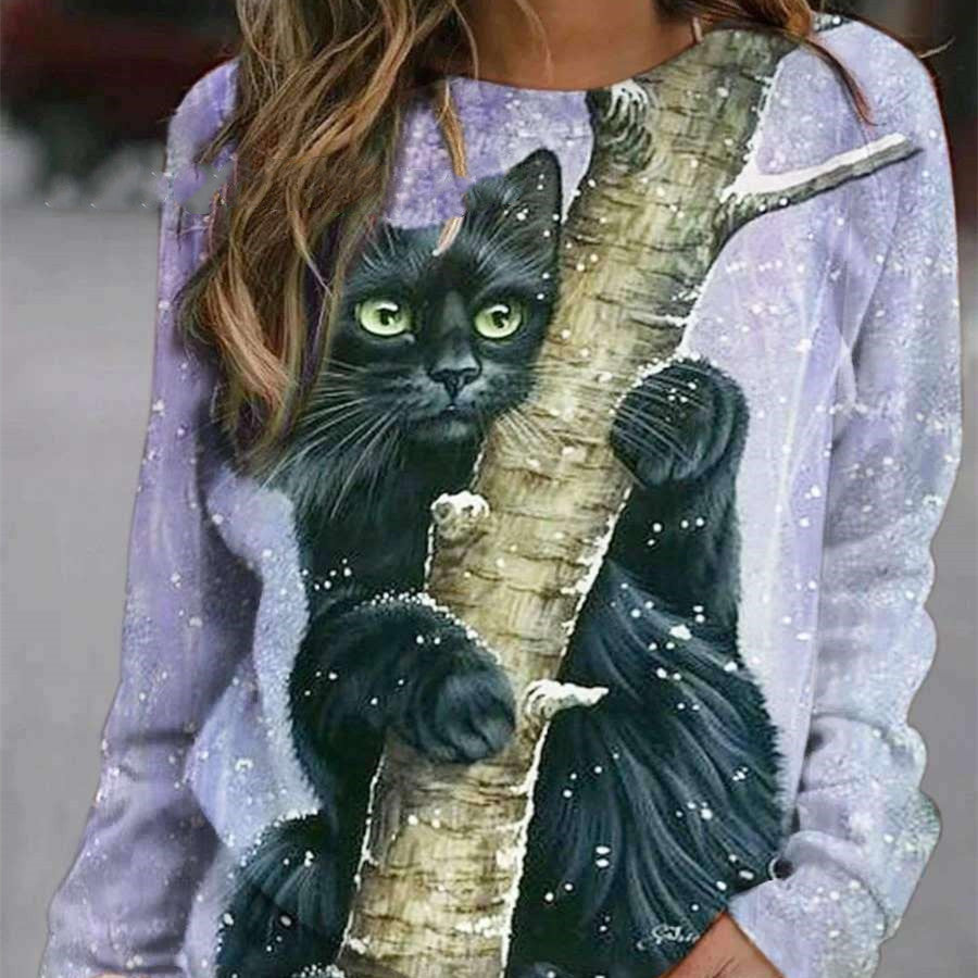 Women's Cute Cat Print Long Sleeve Round Neck Jumper
