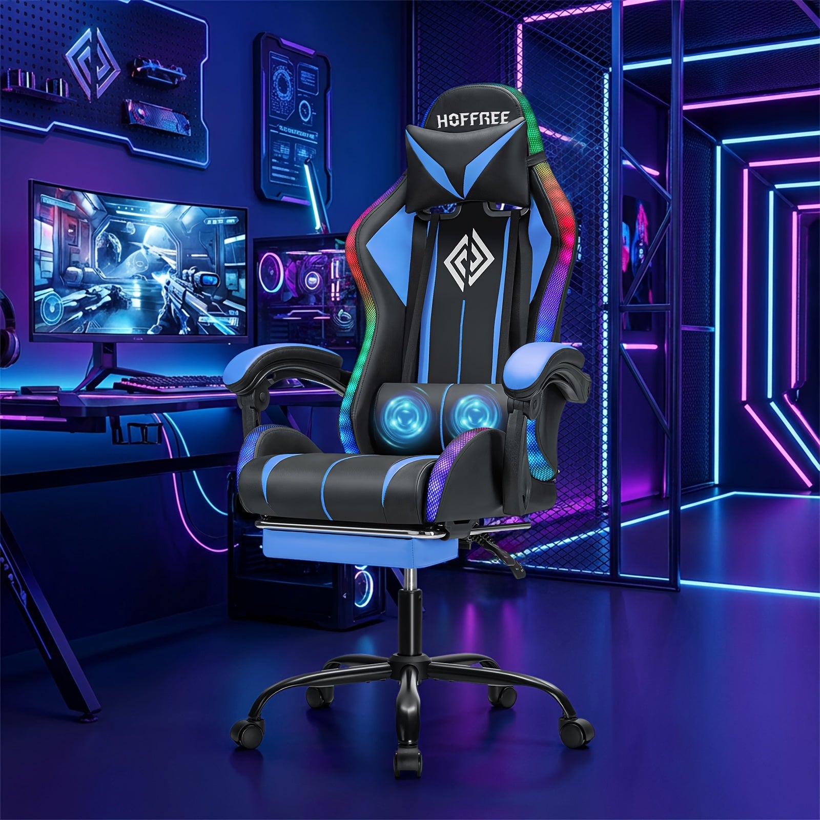 RGB Gaming Chair with LED Lights, Massage, High Back, Footrest, Adjustable Lumbar Support and Armrests