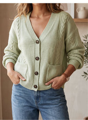 Womens Autumn Winter Cable-knit Cardigan with V-neck and Long Sleeves