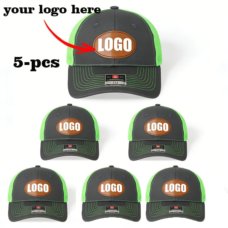 Set of 5 Tan Mesh Baseball Caps with Oval Logo – Snap‑Back Adjustable, 100% Polyester