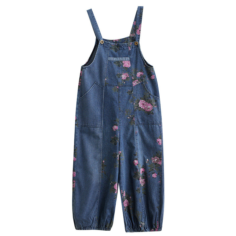 Denim Suspender Pants Straight Ankle-Tied Jumpsuit