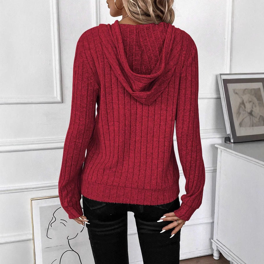 Casual Rib Sunken Stripe Pullover Hooded Long Sleeves Sweater