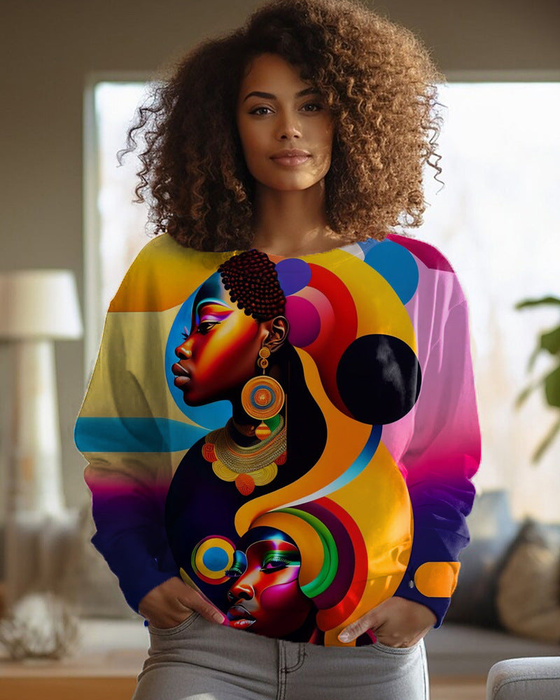 Chic Printed Long-Sleeve Round-Neck Women's Sweater
