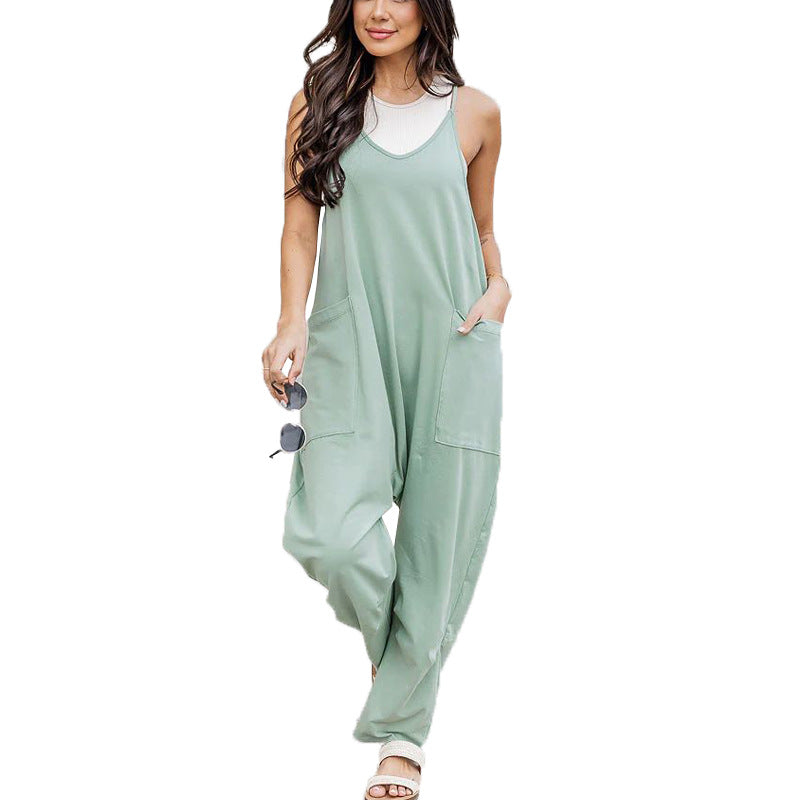 Women's Loose Solid Color Suspender Overalls with Pockets