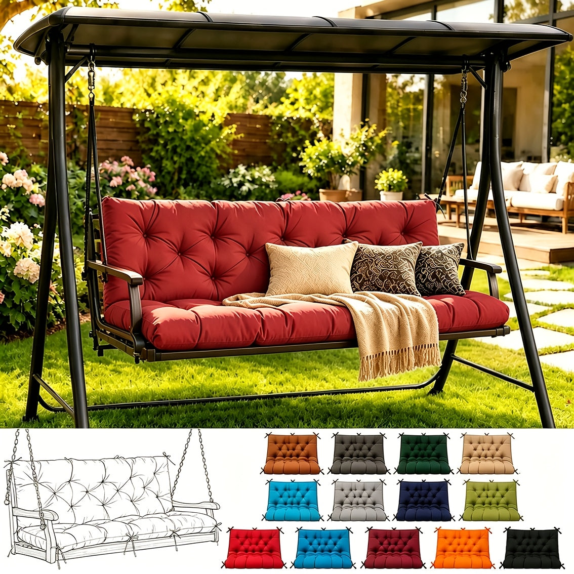 Porch Swing Cushions, Outdoor Replacement Cushions with Backrest, Waterproof Bench Cushion with Ties, for Patio Porch Garden Backyard, 5In 60 Inch 3 Seater, Sky Blue 60 X 40In 47 X 40In 40 X 40In