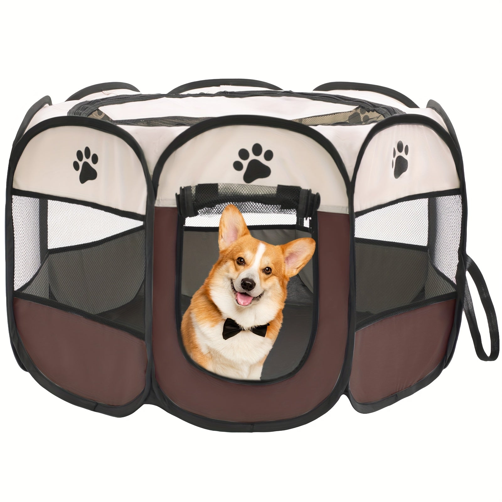 Foldable Octagon Pet Playpen Tent For Cats & Dogs - Scratch-Resistant Oxford Cloth With Removable Zippered Top & Mesh Door, 360° Ventilation, Indoor/Outdoor Puppy & Kitten Enclosure, Traditional St...