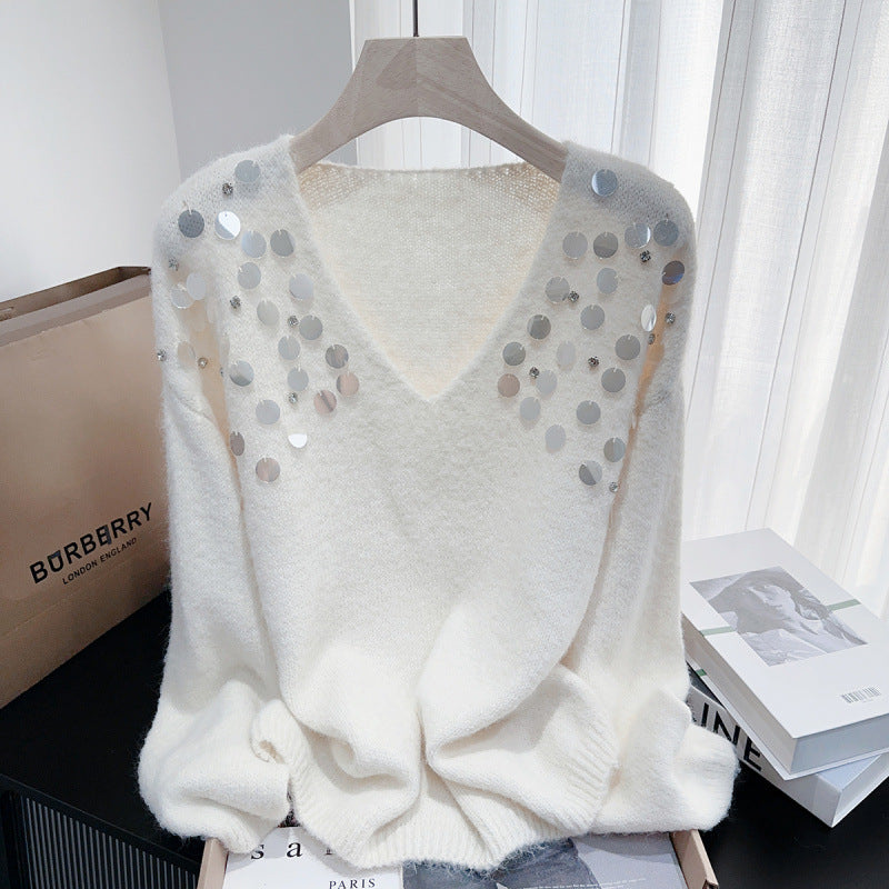 Heavy Embroidery Sequins Diamond V Neck Pullover Lazy Sweater