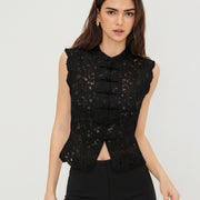Elegant Lace Sleeveless Vest Top with Lapel & Knot Detail – Slim Fit