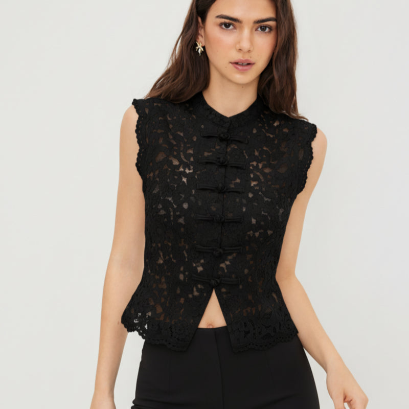 Elegant Lace Sleeveless Vest Top with Lapel & Knot Detail – Slim Fit