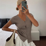 Slim V-Neck Knit Top – Brown Short Sleeve, Perfect for Work & Play