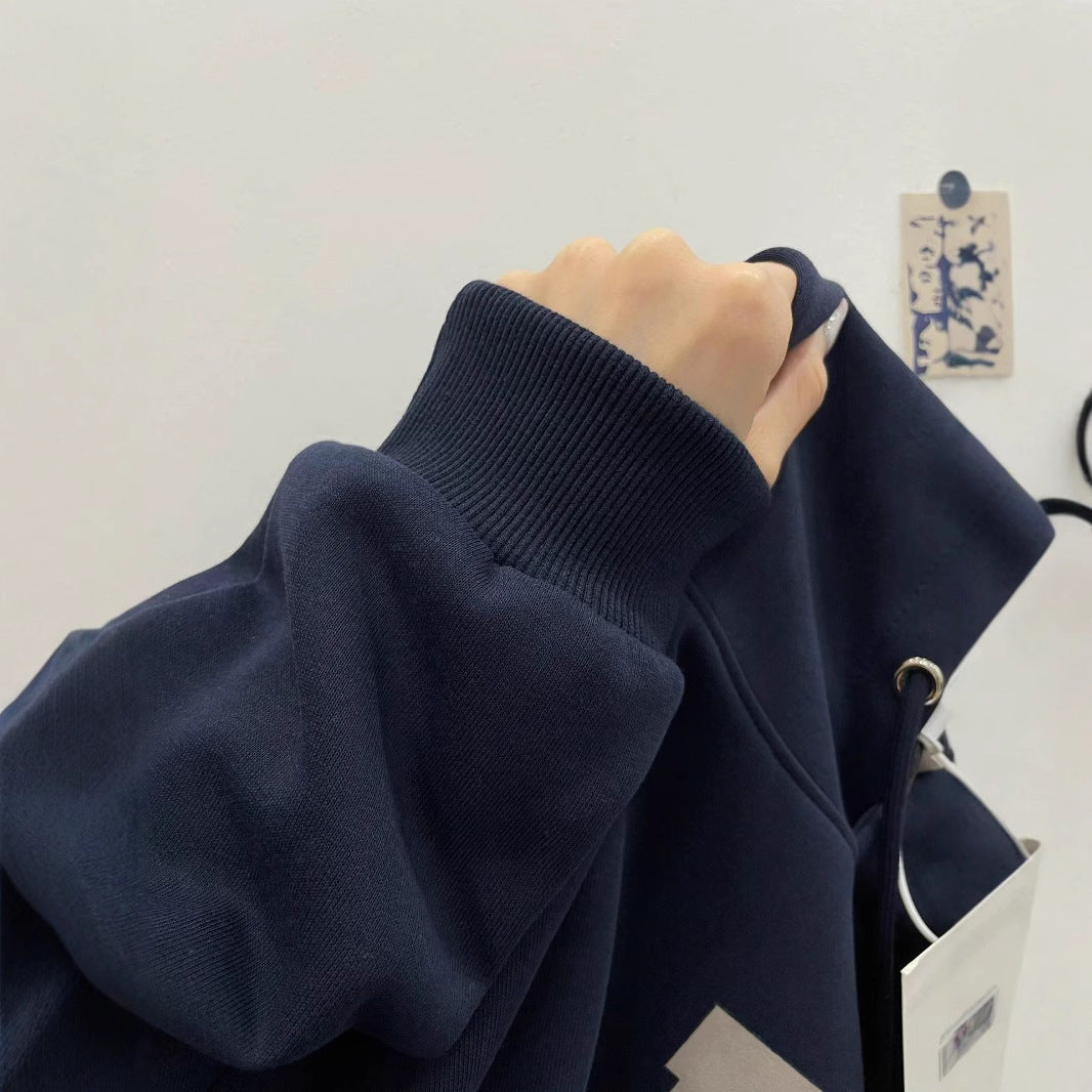 American Retro Navy Blue Hooded Sweater For Women