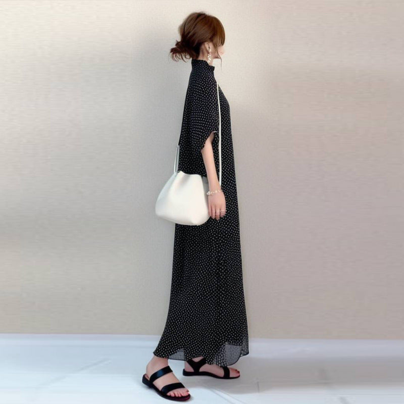Chic Polka Dot Chiffon Summer Dress with Ruffled Hem