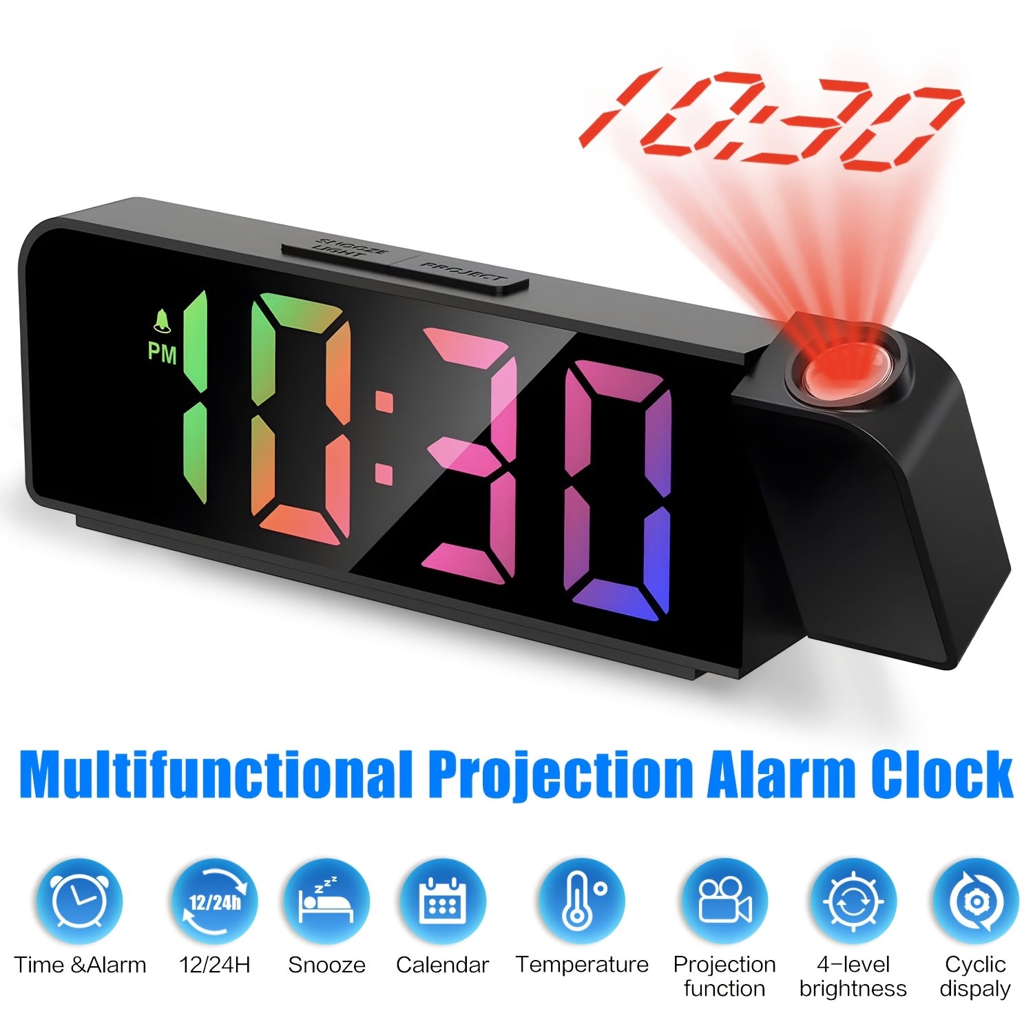 Multifunctional LED projection alarm clock with colorful light