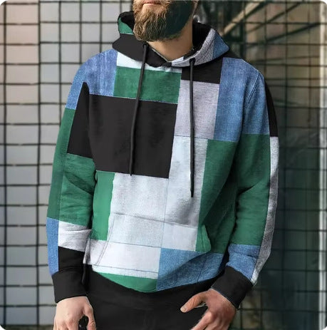 Colorblock Plaid Hooded Sweatshirt