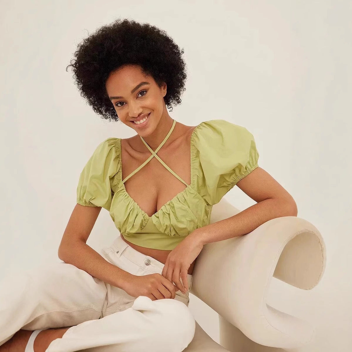 Off-Shoulder Spaghetti Strap Crop Top – Flirty Yellow‑Green Summer Tee