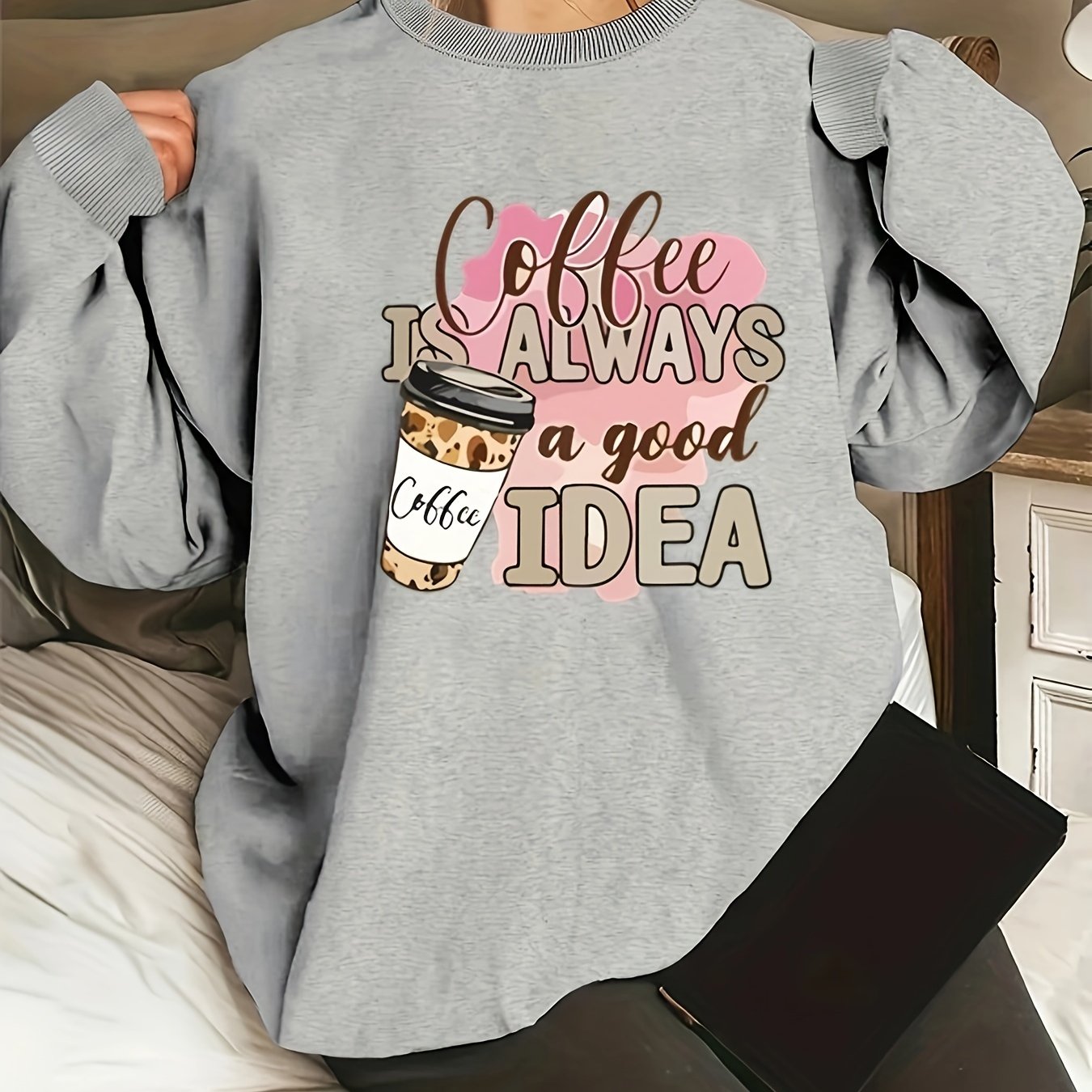 Plus Size Women's Coffee Cup Print Round Neck Sweatshirt